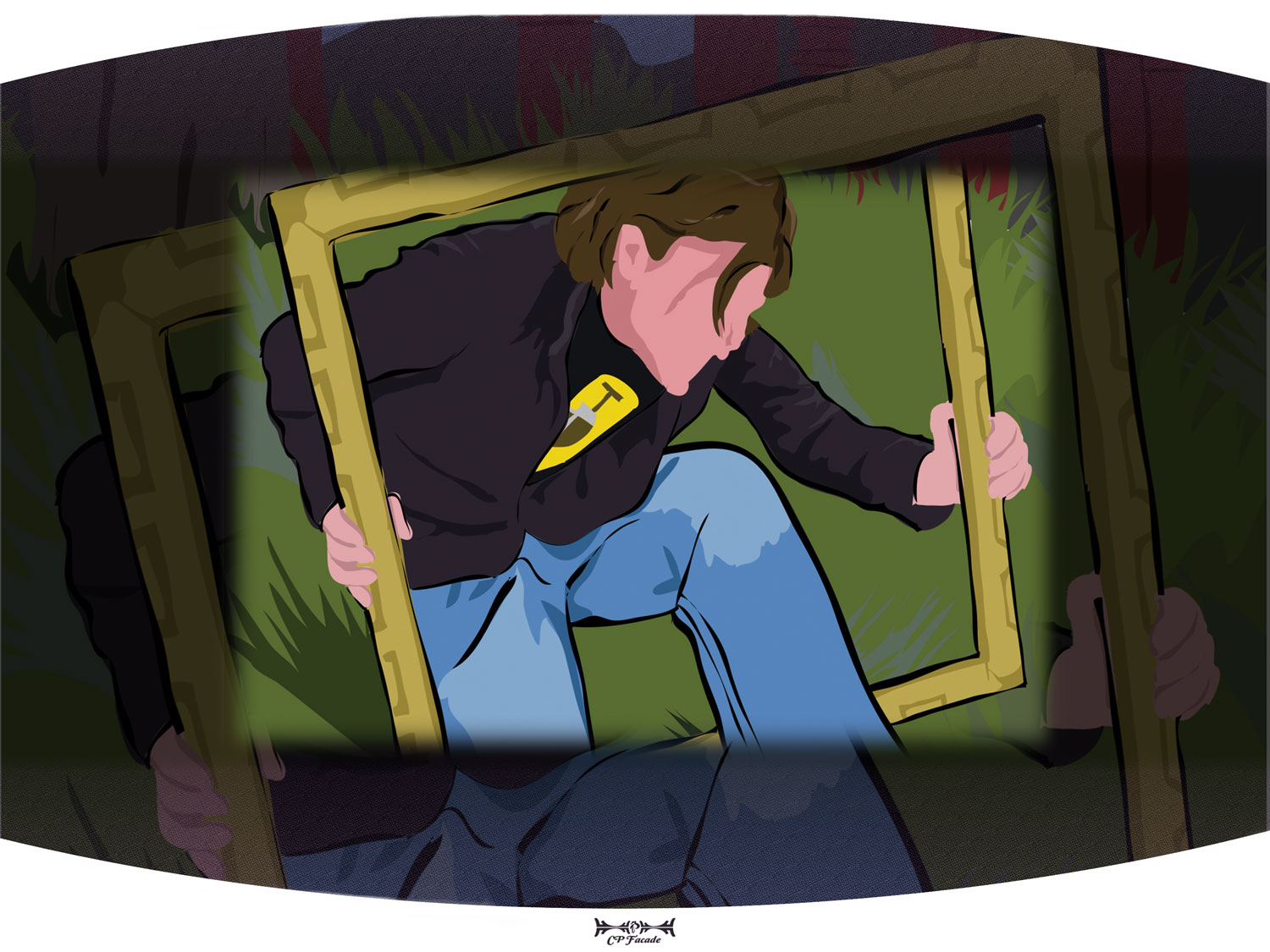 Custom Illustration of guy holding a picture frame while stepping through it 