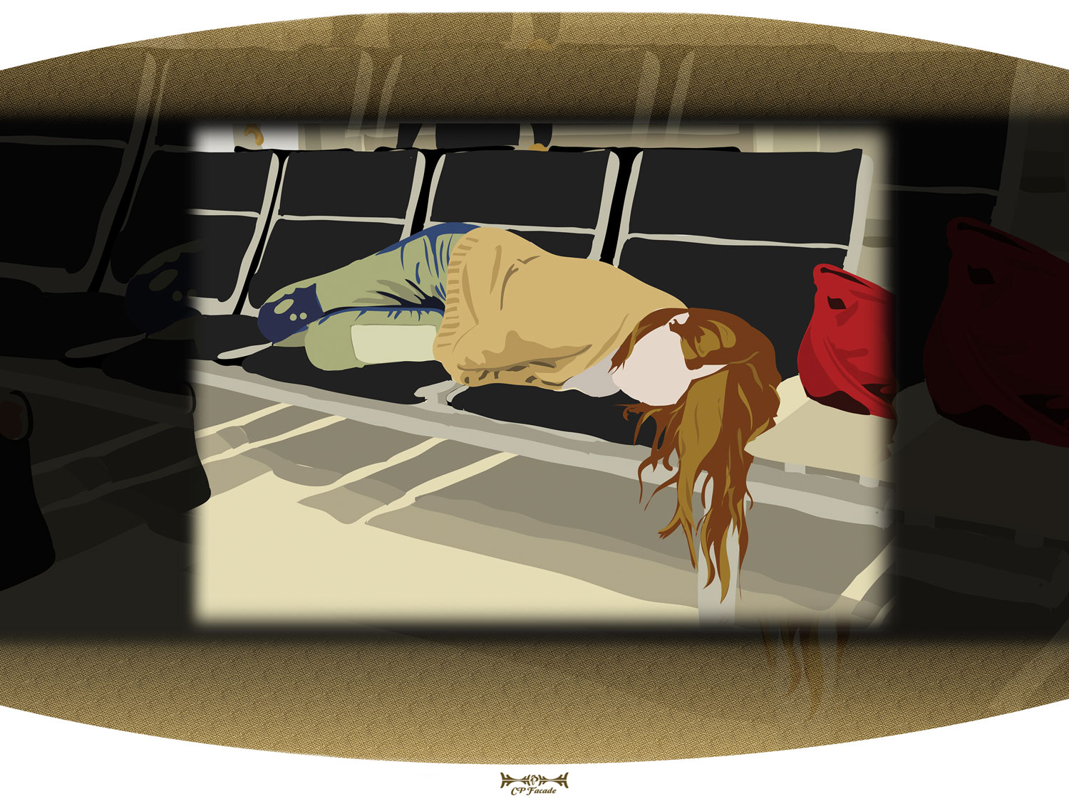 Custom Illustration of faceless woman sleeping at the airport