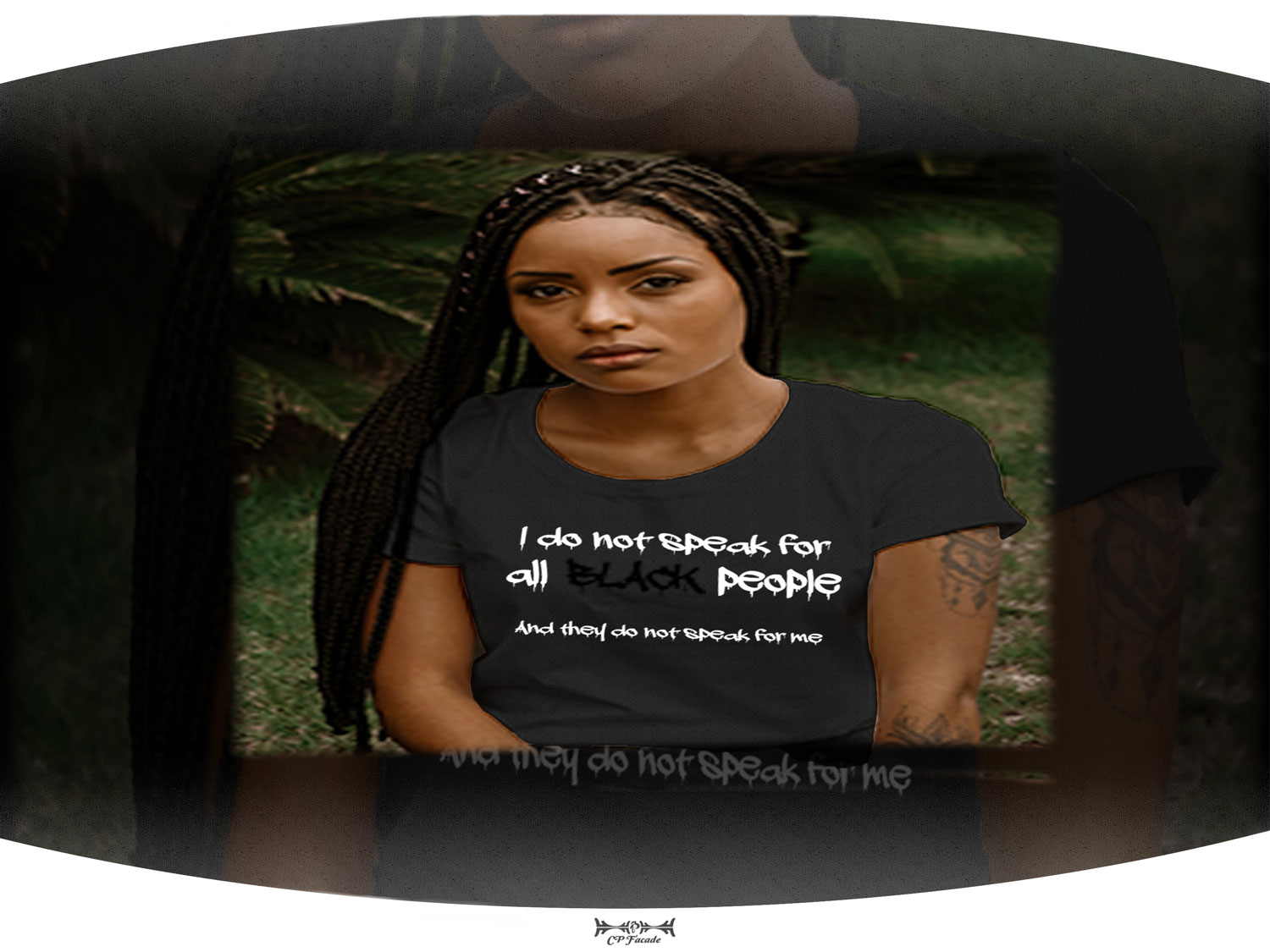 Black woman outside posing wearing dark grey t-shirt with the phrase I do not speak for all black people on the front of it
