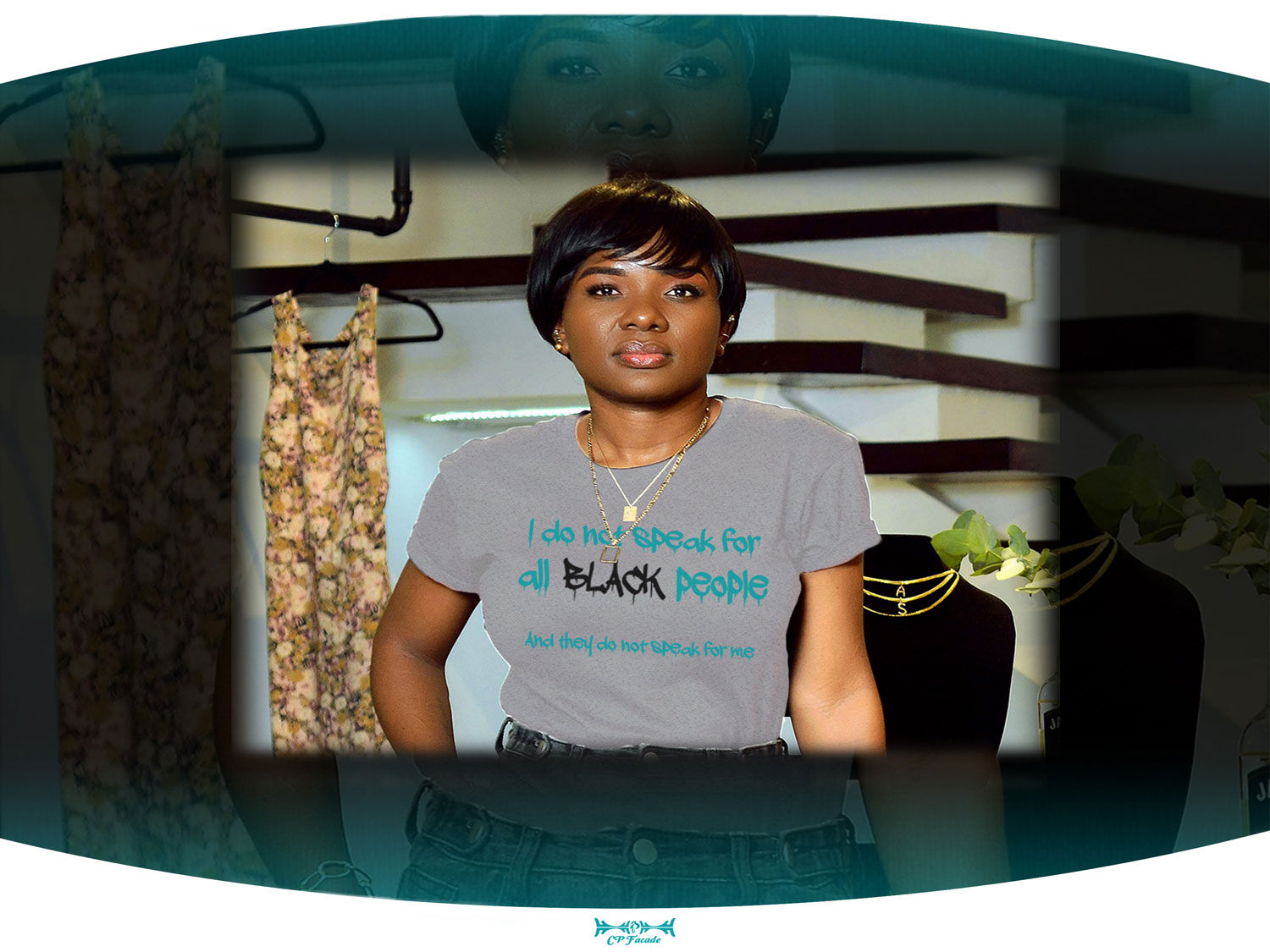 Black woman posing, wearing shades wearing light grey t-shirt with the phrase I do not speak for all black people on the front of it