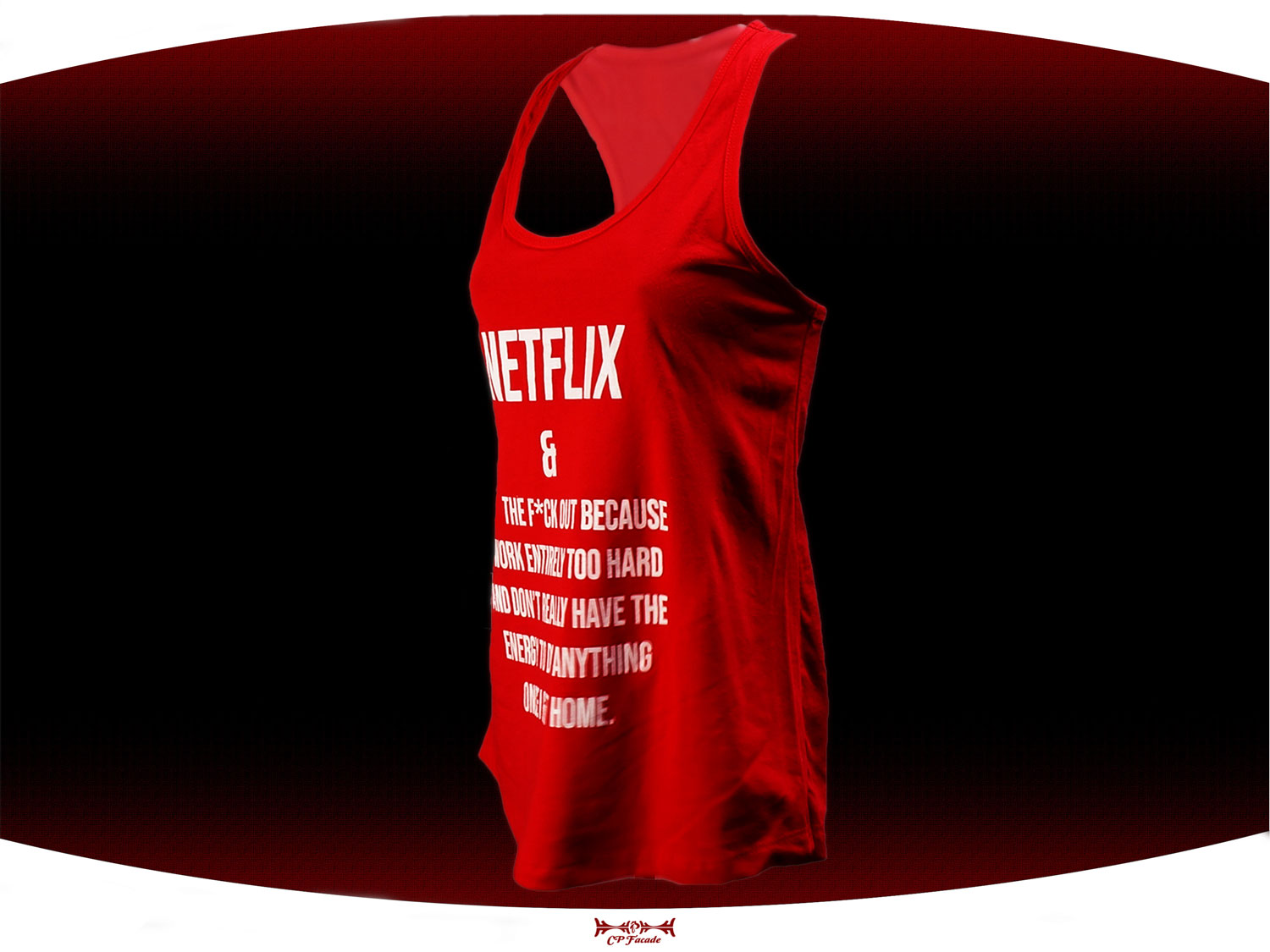 Red screen printed Netflix and chill tanktop with funny text on the front of it.