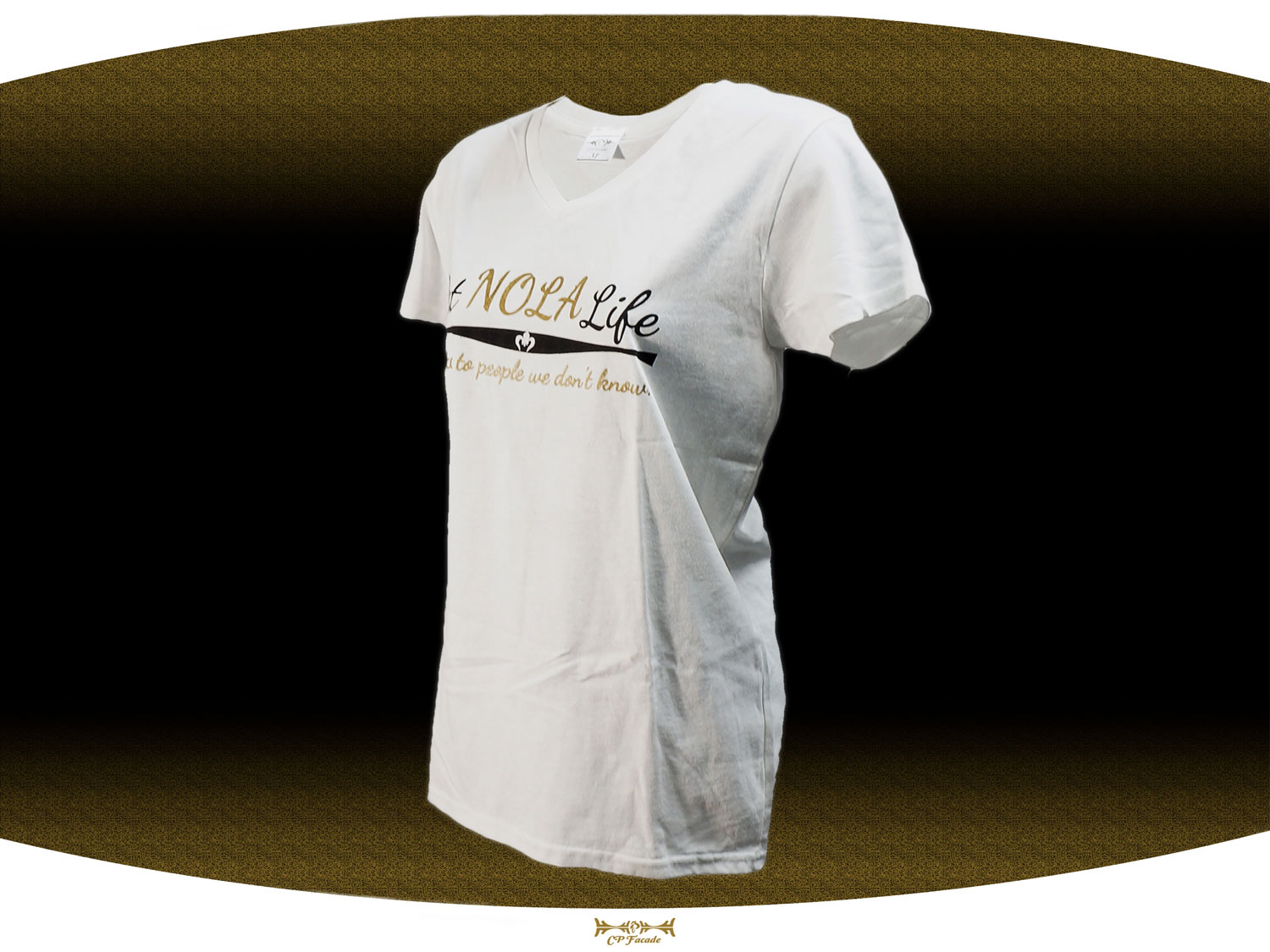 White screenprinted  famale v-neck  with the black and gold Dat Nola Life text across the chest 